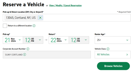 Screenshot of pick-up & return location, date and time for car rental